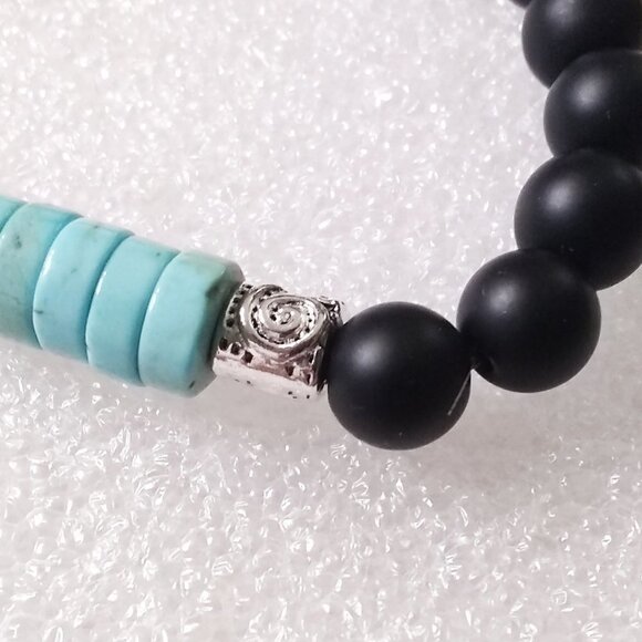 Minimalist! Turquoise Howlite Heishi Beads + Black Stone Beads! Coastal Cowgirl - Picture 8 of 9